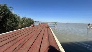 Langer Holzsteg führt über das ruhige Wasser eines Sees unter klarem blauem Himmel.