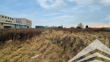 Blick über ein weitläufiges Feld mit trockener Vegetation und einem modernen Gebäude im Hintergrund unter bewölktem Himmel.