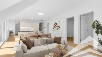 Helles, offenes Wohnzimmer mit moderner Einrichtung, Parkettboden und integrierter Küche.