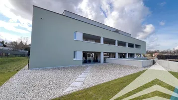 Modernes Mehrfamilienhaus mit heller Fassade, Kiesweg und Grünflächen im Außenbereich.