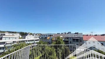 Panoramablick von der Terrasse über die umliegende Wohngegend und grüne Bäume.
