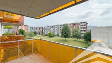 Geräumiger Balkon mit orangefarbenen Glasbrüstungen und Blick auf die umliegende Wohnanlage und Grünflächen.