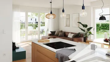 Offene Küche mit Kochinsel, Induktionskochfeld und direktem Zugang zum Wohnbereich und Garten.