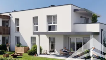Moderne Wohnanlage mit privatem Gartenbereich und möblierter Terrasse für entspannte Stunden im Freien.