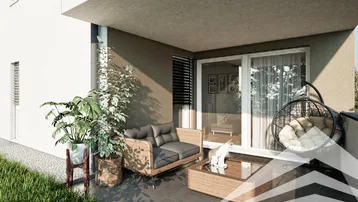 Möblierte Terrasse mit modernen Sitzgelegenheiten und Pflanzen, ideal zum Entspannen.
