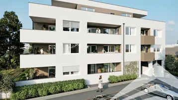 Moderne Wohnanlage mit mehreren Balkonen und Außenparkplätzen in sonniger Umgebung.