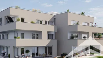 Moderne Wohnanlage mit hellen Fassaden, Balkonen und privaten Gärten im Erdgeschoss.
