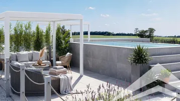 Großzügige Dachterrasse mit modernem Lounge-Bereich, Pool und weitem Blick ins Grüne.