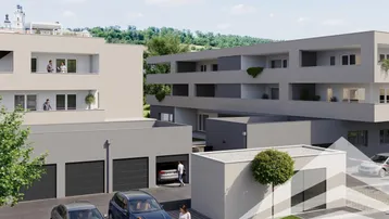 Moderne Wohnanlage mit Tiefgaragenzufahrt und Außenstellplätzen in grüner Umgebung.