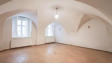 Geräumiger, heller Raum mit gewölbter Decke und Holzboden, ideal für vielseitige Nutzung.