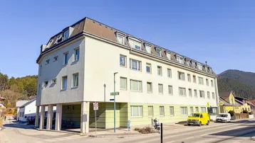 Mehrstöckiges Wohngebäude mit Mansarddach und hellgrüner Fassade an einer Straße gelegen.