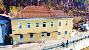 Gelbes Gebäude mit rotem Ziegeldach, umgeben von Bäumen und einem bewaldeten Hügel.