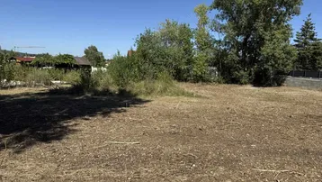Freies Grundstück mit vorbereitetem Boden und umgebender Vegetation unter blauem Himmel.