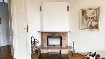 Gemütlicher Wohnbereich mit einem Kamin aus Marmor und Holzparkettboden.