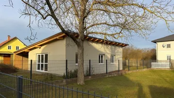 Neues Einfamilienhaus mit Satteldach, umzäuntem Garten und altem Baum im Vordergrund.