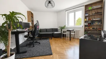 Helles Wohnzimmer mit Parkettboden, Schreibtischbereich, gemütlichem Sofa und großem Fenster.