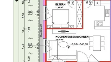 Grundrissplan einer Wohnung mit offenem Wohnbereich, zwei Kinderzimmern, Elternschlafzimmer und Zugang zu Terrasse und Garten.
