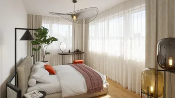 Helles Schlafzimmer mit großzügigen Fenstern, Holzboden und moderner Einrichtung.