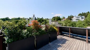 Sonnenterrasse mit Holzboden, Pflanzenkübeln und weitem Blick ins Grüne.