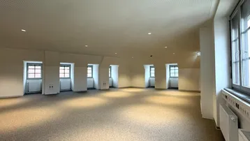 Großer, leerer Büroraum mit Teppichboden, vielen Fenstern und Akustikdecke.