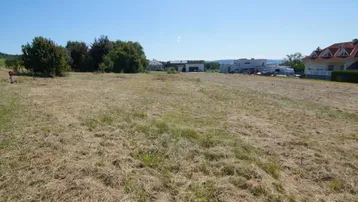 Weitläufiges Grundstück mit trockenem Gras und Blick auf umliegende Häuser unter blauem Himmel.