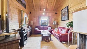 Rustikales Wohnzimmer mit Holzwänden, Holzbalkendecke und gemütlichen Ledersofas.