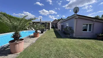Großer Außenbereich mit Swimmingpool, Rasenfläche und Palmen vor dem Wohnhaus.