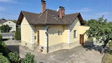 Gelbes Einfamilienhaus mit Satteldach und zwei Schornsteinen unter blauem Himmel.
