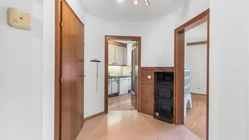 Flur mit Holzboden und Zugang zu verschiedenen Räumen, inklusive Kamin und Küche.