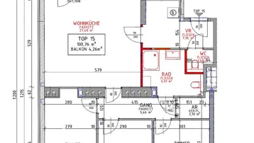 Grundriss der Wohnung Top 15 im 4. Stock mit Wohnküche, drei Zimmern, Bad, WC und Balkon.