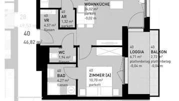 Grundrissplan einer Wohnung im ersten Obergeschoss mit Wohnküche, Zimmer, Bad und Balkon.