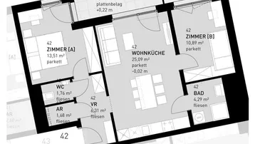 Grundriss einer Wohnung im 2. Obergeschoss mit Balkon, Terrasse und offener Wohnküche.
