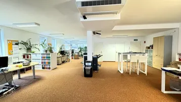Geräumiges Großraumbüro mit mehreren Arbeitsplätzen, Regalen, Pflanzen und einer kleinen Bar-Ecke.
