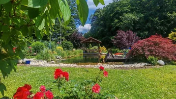 Wunderschöner, gepflegter Garten mit Teich, Holzpavillon und üppiger Vegetation unter blauem Himmel.
