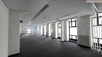 Geräumiges, leeres Büro mit Teppichboden, großen Fenstern und modernen Deckenleuchten für gewerbliche Nutzung.