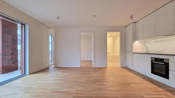 Heller offener Wohnbereich mit integrierter Küche, Parkettboden und Zugang zu einem Balkon.
