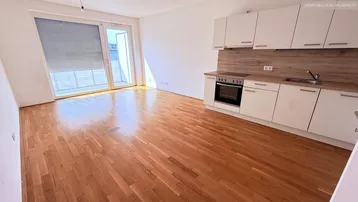 Heller Wohn-Essbereich mit integrierter Küche, Parkettboden und Zugang zum Balkon.