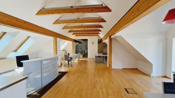 Geräumiger offener Bürobereich im Dachgeschoss mit Holzbalken und vielen Dachfenstern, ideal für kreatives Arbeiten.