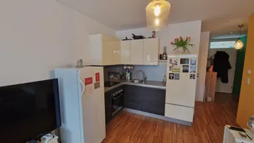 Helles Wohnzimmer mit integrierter Küchenzeile und Holzboden.