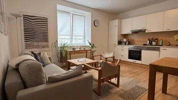 Helles Wohnzimmer mit integrierter Küche, Holzboden und gemütlicher Sitzecke.