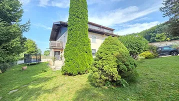 Großzügiger Gartenbereich mit viel Grün, hohen Bäumen und einem Trampolin vor dem Haus.