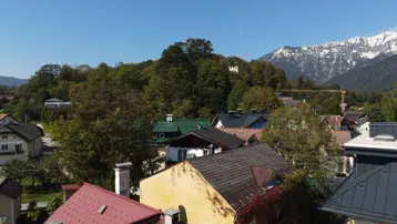 Blick über die Dächer einer Wohngegend mit grünen Bäumen und schneebedeckten Bergen im Hintergrund.