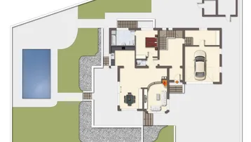 Grundriss des Erdgeschosses mit offenem Wohnbereich, Garage, Garten und privatem Pool.
