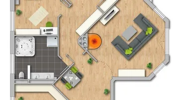 Detaillierter Grundriss einer Wohnung mit drei Schlafzimmern und Terrasse.
