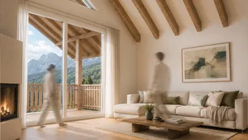 Helles Wohnzimmer mit Kamin, Holzboden und Zugang zu einem Balkon mit Bergblick.