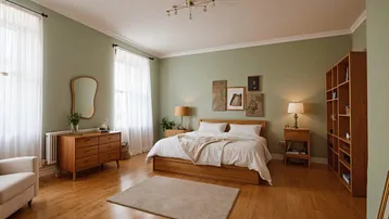 Helles Schlafzimmer mit Holzmöbeln, Parkettboden und großen Fenstern, die viel Tageslicht hereinlassen.