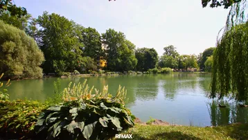 Idyllischer See umgeben von üppigem Grün unter blauem Himmel an einem sonnigen Tag.