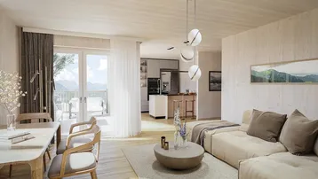 Heller Wohn- und Essbereich mit Holzboden, moderner Einrichtung und Zugang zu einem Balkon mit Bergblick.