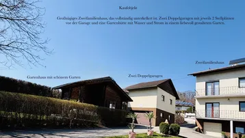 Übersicht des Anwesens mit Zweifamilienhaus, Doppelgaragen und Gartenhaus in sonniger Lage.