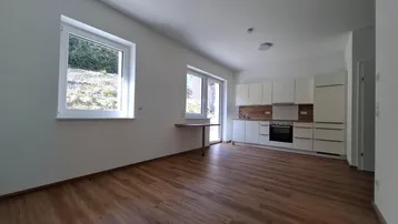 Heller offener Wohnbereich mit integrierter Küche, Laminatboden und großen Fenstern.